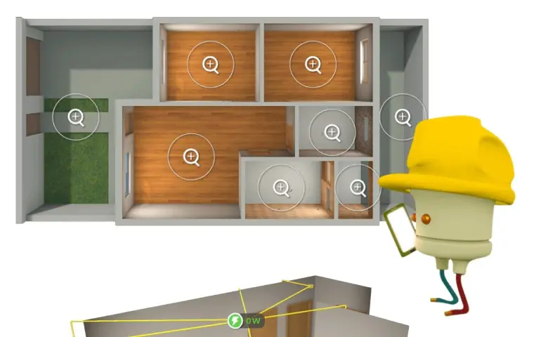 3D floor plan of a home with electrical points highlighted