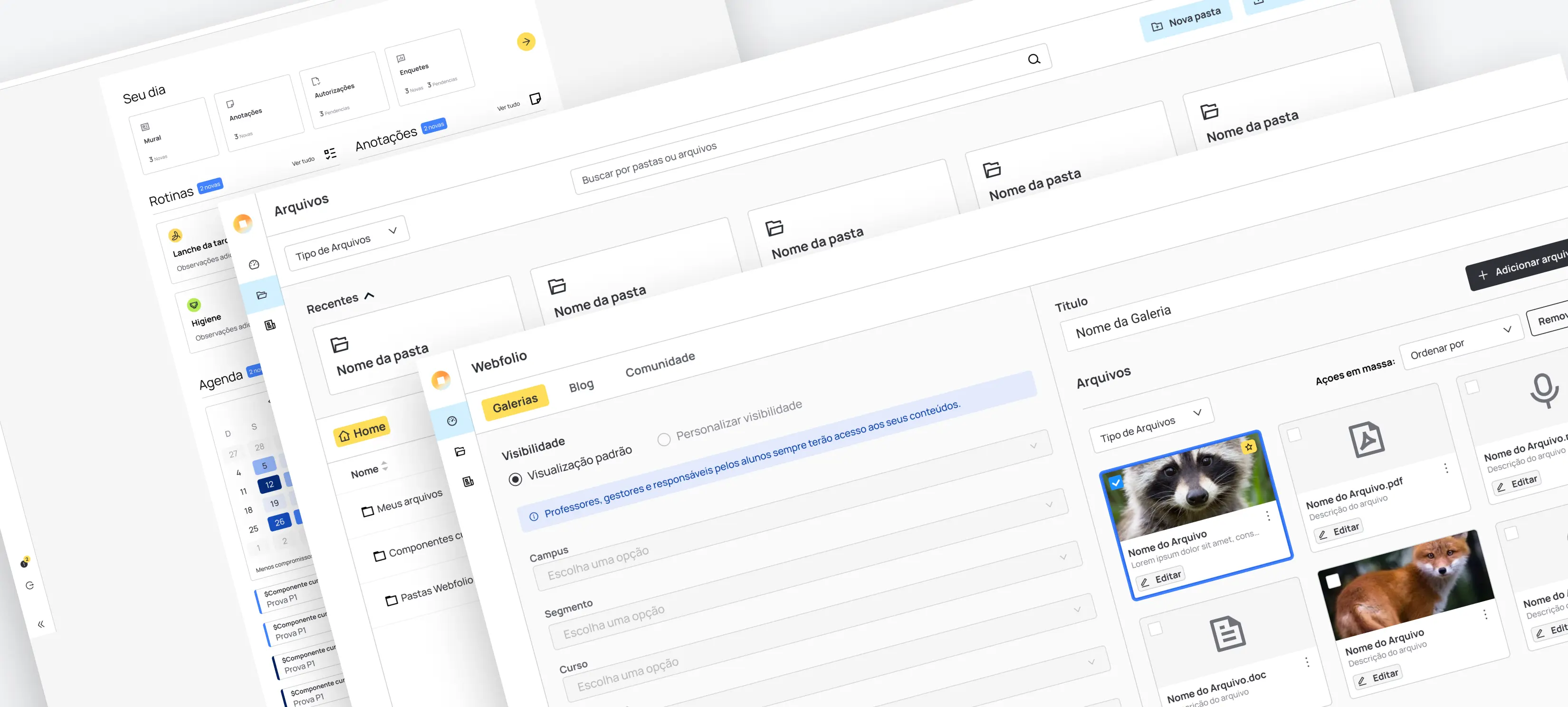 IluminarApp interfaces for files, galleries and pedagogical management