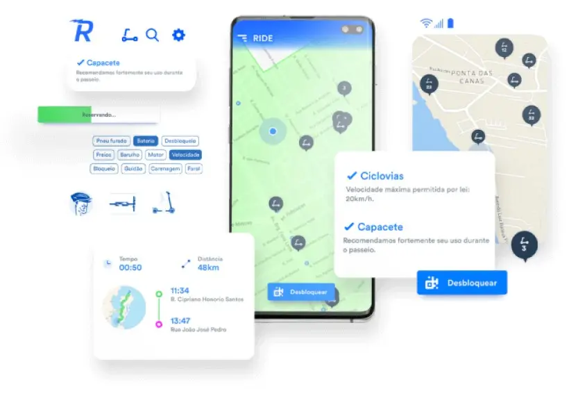 The Ride app showing a scooter map and trip panel