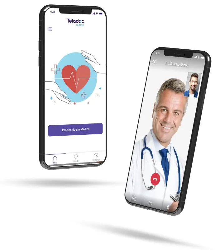 The Teladoc app on two phones, with a teleconsultation in progress